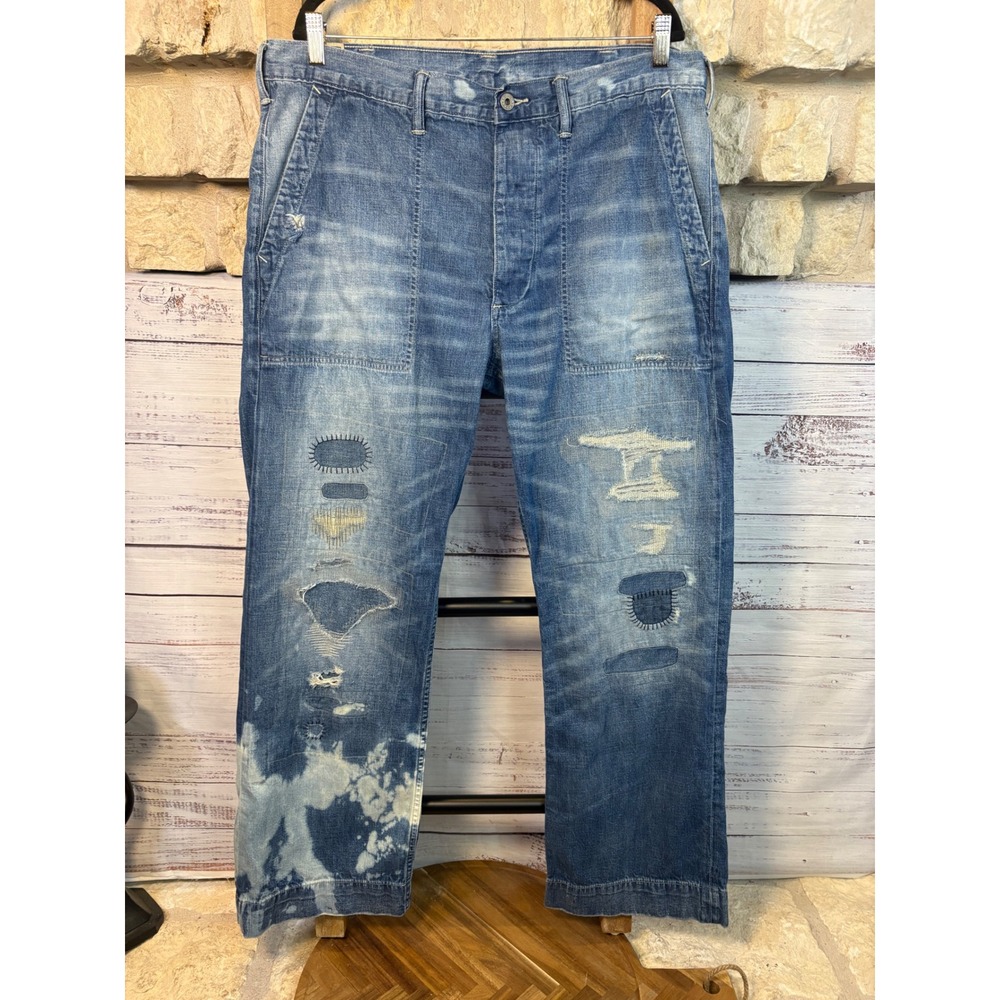 Polo Ralph Lauren Distressed Patchwork Sashiko Bleached Jeans Mens 36x32